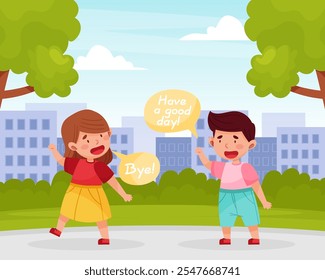 Polite Boy Character Greeting with Girl Friend Having Good Manners Vector Illustration