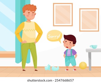 Polite Boy Character Say Sorry for Broken Vase Having Good Manners Vector Illustration