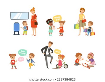 Polite Boy and Girl Yielding Seat to Woman, Saying Thank you, Helping and Carrying Shopping Bags Vector Illustration Set