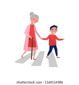 Polite boy helps elderly woman to cross the road. Cheerful school kid and old lady. Child with good manners. Flat vector design