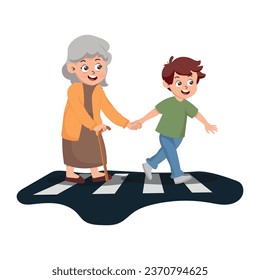 Polite boy helps elderly woman to cross the road. Cheerful school kid and old lady. Child with good manners. Flat vector design.
