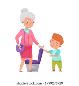 Polite Boy Yielding A Seat To Senior Woman In Public Transport Vector Illustration