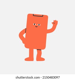 Polite character like mobile phone with face say hello or goodbye. Hi hand gesture. Cartoon smartphone mascot, sticker or emblem. Isolated vector