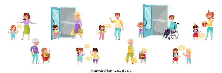 Polite Children Character with Courteous Behavior in Different Situation Vector Set