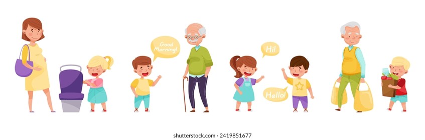 Polite Children Character with Courteous Behavior in Different Situation Vector Set