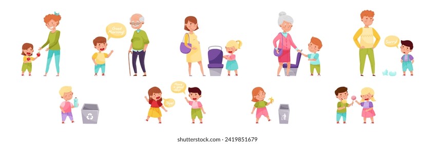 Polite Children Character with Courteous Behavior in Different Situation Vector Set