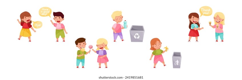 Polite Children Character with Courteous Behavior in Different Situation Vector Set