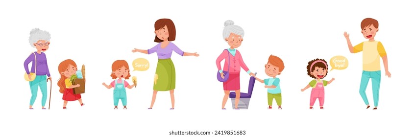 Polite Children Character with Courteous Behavior in Different Situation Vector Set