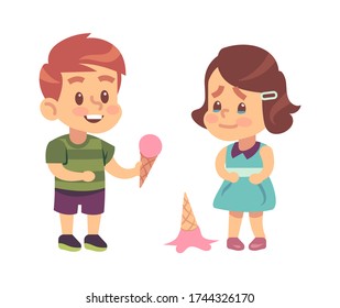 Polite children. Cute boy treats thankful girl to ice cream like symbol of kids good manners vector friendship concept