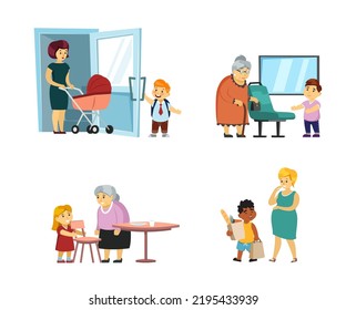 Polite Children. Good Manners Kids Helping And Giving Way To Adults. Vector Cartoon Characters