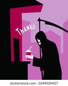 A Morte Educada compra uma xícara de café em uma banca de rua. Imagem vetorial para impressões, cartazes e ilustrações.