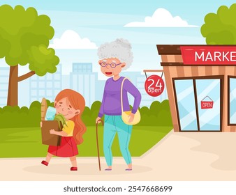 Polite Girl Character Carry Shopping Bag Help Senior Woman Having Good Manners Vector Illustration