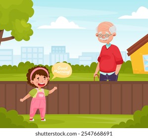 Polite Girl Character Greeting with Senior Man Having Good Manners Vector Illustration