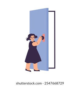 Polite Girl Character Open Door Having Good Manners Vector Illustration