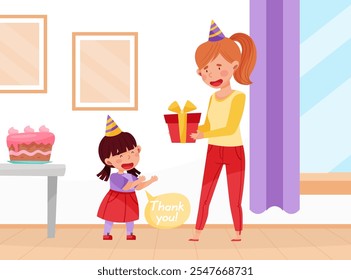 Polite Girl Character Say Thank You for Present Having Good Manners Vector Illustration