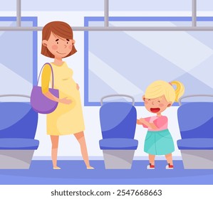 Polite Girl Character Yield Seat to Pregnant Woman Having Good Manners Vector Illustration