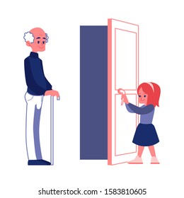 Polite girl with good manners opening the door to an elderly man flat vector Illustration isolated on a white background. Courtesy and etiquette concept.