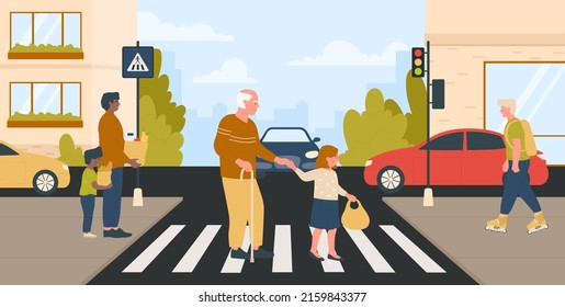 Polite kid holding senior hand to help cross city road at pedestrian crossing vector illustration. Cartoon girl with good manners and elderly man walk on crosswalk background. Courtesy concept