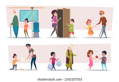 Polite kids. Children helping elderly characters kids giveaway and thank each other exact vector colored cartoon set