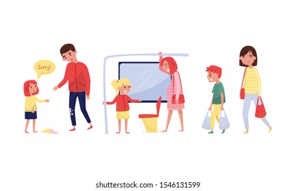 Polite and kind children help adults. Vector illustration.