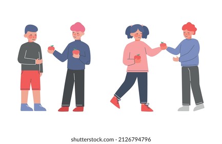 Polite and Kind Kids Sharing Apple with Agemate or Friend Vector Set