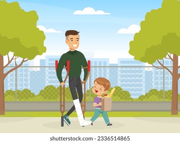 Polite little boy helping disabled man carry shopping bag. Well mannered kid, good manners and respect cartoon vector
