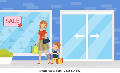 Polite little boy helping his mother to carry shopping bags with purchases. Well mannered kid, good manners and respect cartoon vector