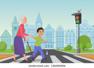 Polite Little Boy Helps Smiling Old Woman To Pass The Road At A Pedestrian Crossing While The Green Light Shines. Cartoon Vector Illustration.