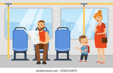 Niño educado ofreciendo un asiento en el transporte a mujer embarazada. Niño bien educado, buenos modales y respeto vector de dibujos animados