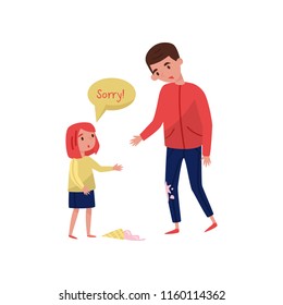 Polite Little Girl Apologizing To Young Guy For Soiled Jeans, Ice-cream Laying On The Floor. Child With Good Manners. Flat Vector