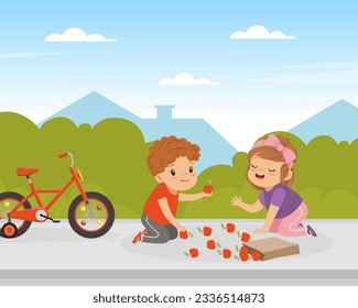 Polite little girl boy helping girl to pick up fallen apples from ground. Well mannered kid, good manners and respect cartoon vector