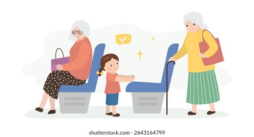Polite little girl gives up her seat on public transport to an elderly woman. Funny child stands up so that old lady can sit down. Granddaughter and aged ladies in transport. flat vector illustration