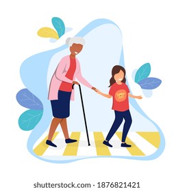 Polite Little Girl Helps Elderly Woman To Cross The Road. Cheerful School Kid And Old Lady. Concept Of Kids With Good Manners. Flat Cartoon Vector Illustration