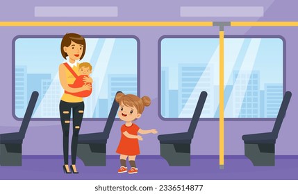 Höfliches kleines Mädchen, das jungen Frauen mit Baby Sitzplatz im Transport anbietet. Gut gepflegtes Kind, gute Manieren und respektvoller Cartoon-Vektorgrafik