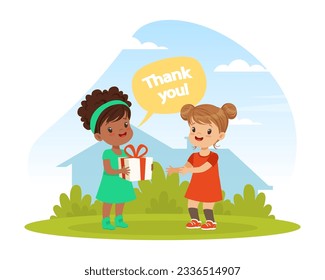 Polite little girl thanking her friend for gift. Well mannered kid, good manners and respect cartoon vector