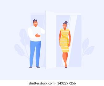 Polite Man Opens The Door For A Woman. Social Situations. Vector Illustration