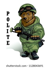 Polite Russian red bear in uniform with a weapon in his hands. Isolated on white. Vector illustration.