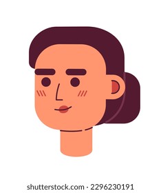 Hembra sonriente educada con cabeza de personaje vectorial semi-plana de bajo peinado de bollo. Mujer elegante. Icono de avatar de caricatura editable. Enfrentar la emoción. Ilustración de puntos coloridos para diseño gráfico web y animación