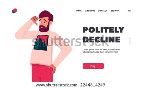 Politely Decline Landing Page Template. Bearded Adult Male Character Showing Refusal or Deny Gesture with Thumb Down. Negative Emotions, Communication, Body Language. Cartoon Vector Illustration