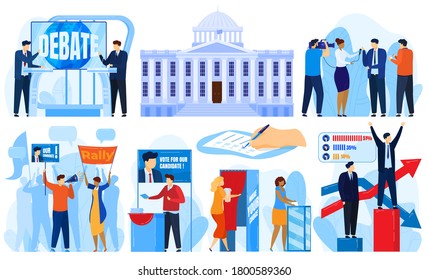 Politic election vector illustrations. Cartoon flat democratic referendum campaign collection with citizen people voting, political candidate speaks to voters, democracy vote polling isolated on white