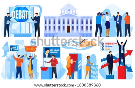 Politic election vector illustrations. Cartoon flat democratic referendum campaign collection with citizen people voting, political candidate speaks to voters, democracy vote polling isolated on white