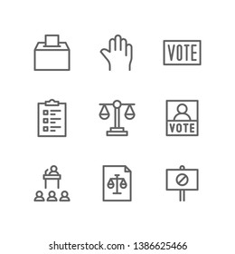 Politic icon set including ballot box, voting, election, vote, clipboard, justice, campaign, congress, law, protest