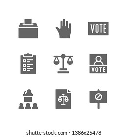 Politic icon set including ballot box, voting, election, vote, clipboard, justice, campaign, congress, law, protest