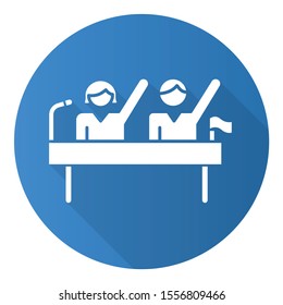 Politic rights gender equality blue flat design long shadow glyph icon. Female and male candidates. Woman and man human rights. Public speaking. Freedom, democracy. Vector silhouette illustration