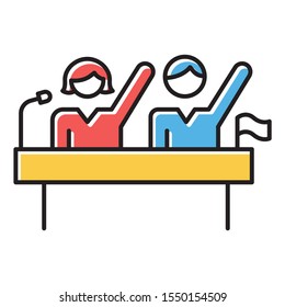Politic rights gender equality color icon. Female and male candidates. Goverment rally, voting campaign. Woman and man human rights. Public speaking. Freedom, democracy. Isolated vector illustration