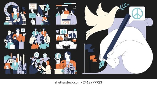 Political action dark or night mode set. Diverse people involved in economic growth, environmental activism, democracy and diplomacy building. Sustainable development. Flat vector illustration.