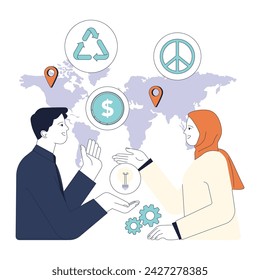 Political action. Global cooperation for sustainability. Diverse leaders engage in multicultural dialogue for sustainable development. Flat vector illustration.