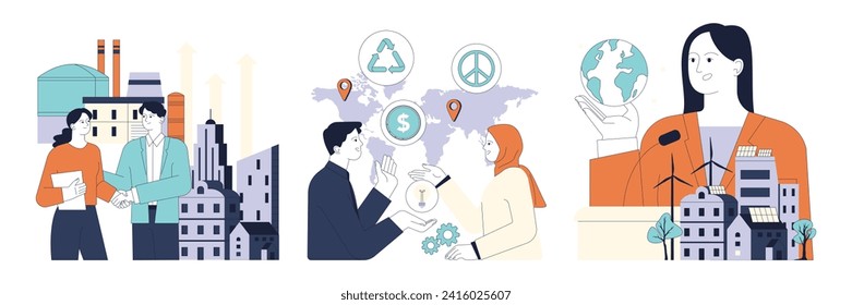 Political action set. Diverse people involved in global education, economic growth, environmental activism, democracy and diplomacy building. Sustainable development. Flat vector illustration.