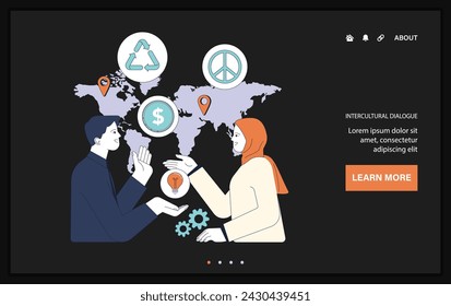Political action web or landing. Global cooperation for sustainability. Diverse leaders engage in multicultural dialogue for sustainable development. Flat vector illustration.