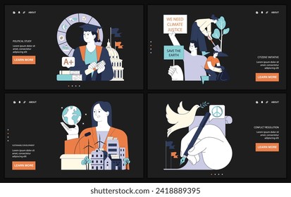 Political action web or landing set. Diverse people involved in global education, economic growth, environmental activism, democracy and diplomacy. Sustainable development. Flat vector illustration.
